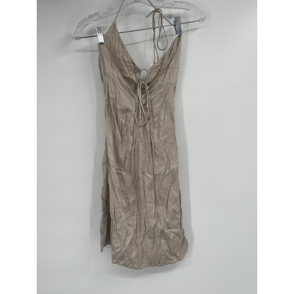 ZARA Ruched Mini Dress Soft Gold Tan Short Tie Neck Strap Silky Sz XS NWT